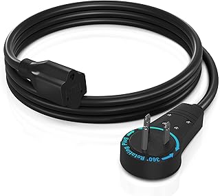Maximm Cable 3 Feet 360° Rotating Flat Plug Extension Cord/Wire, 3 Prong Grounded Wire 16 Awg Power Cord - Black UL Certified