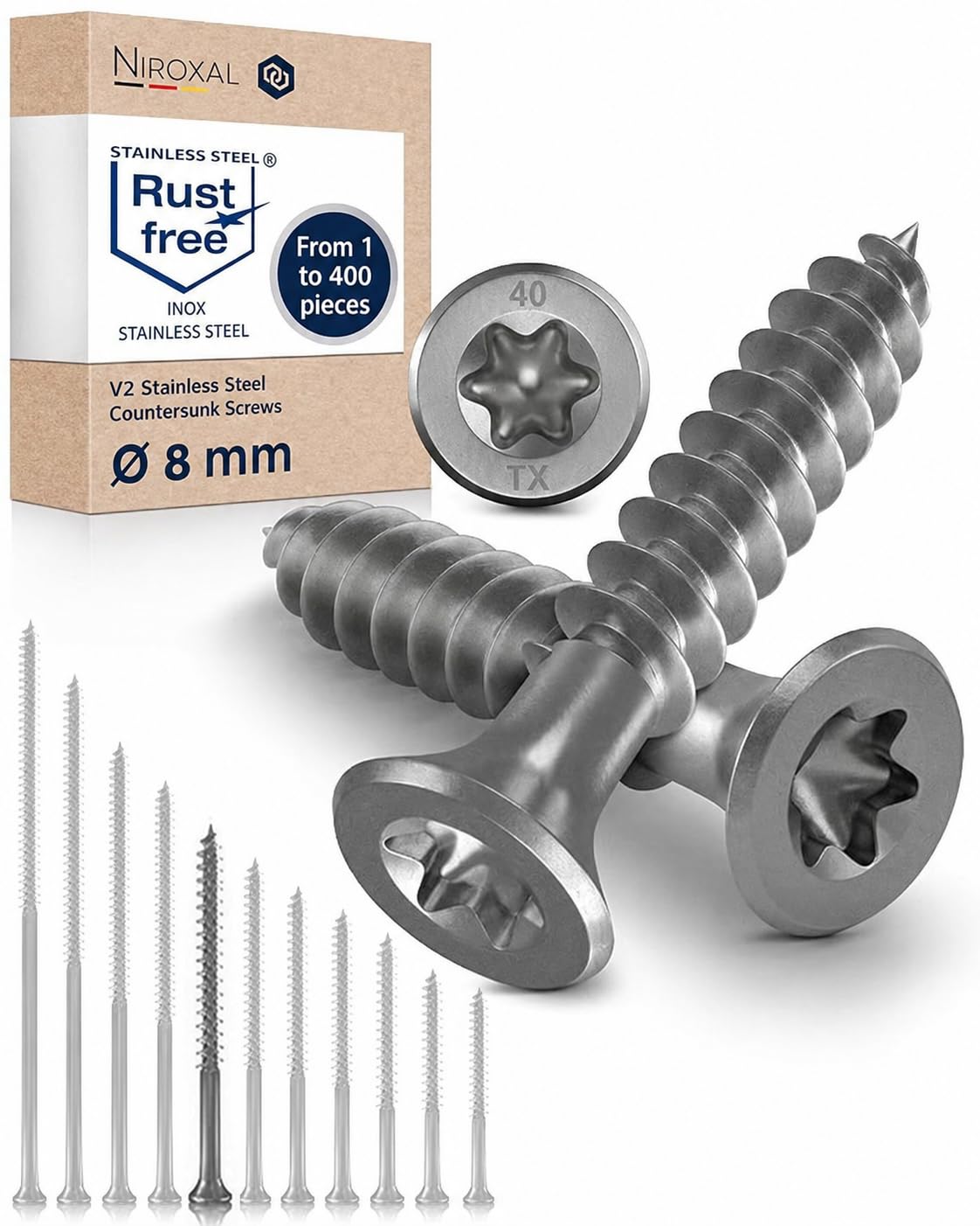 Wood Screws 8 x 140 mm Stainless Steel 304 TORX Countersunk Head Chipboard Screws Timber Screws Partial Thread A2 2 Pack โ image 1