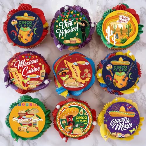 Fyeoxle 48PCS Edible Mexican Fiesta Cupcake Toppers Wafer Paper Cinco de Mayo Cupcake Picks Cactus Donkey Maraca Sombrero GuitarCupcake Toppers for Mexican Fiesta Theme Party Decor Supplies