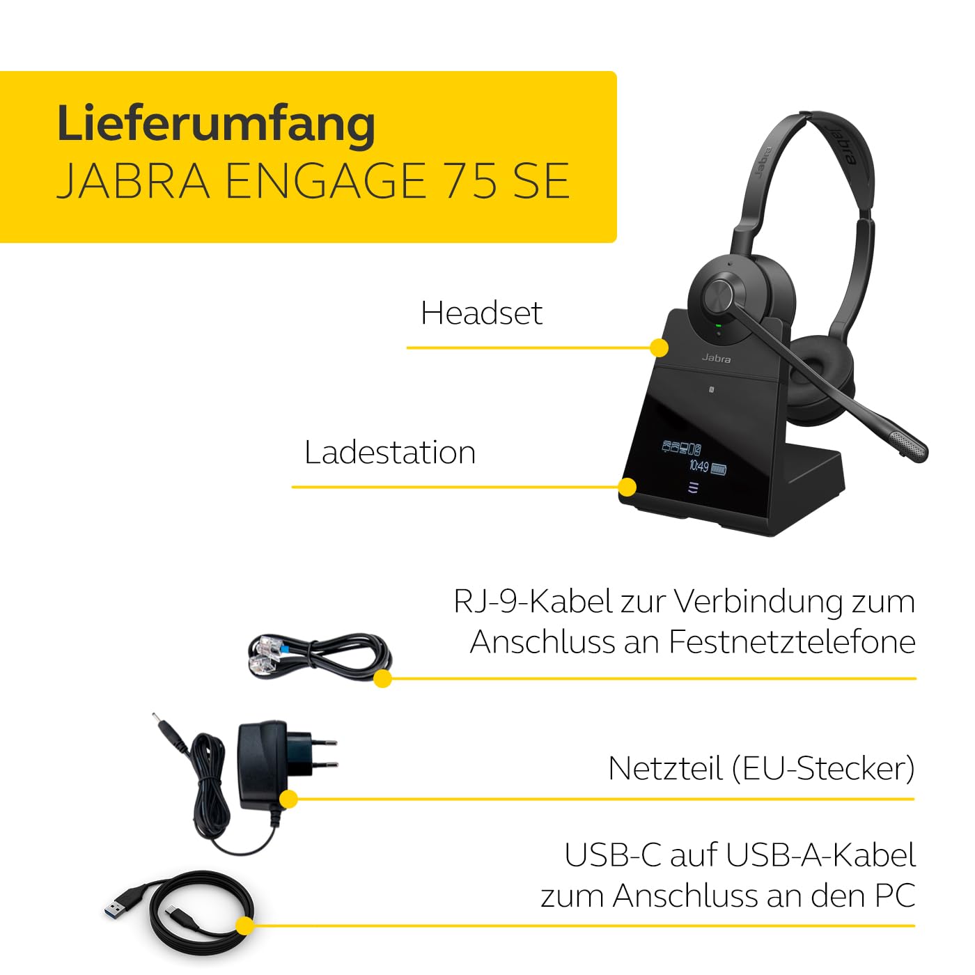 Jabra Engage 75 SE Drahtloses Stereo-Headset für professionelle Anrufe, DECT, 150 m Reichweite, USB-C zu USB-A mit fortschrittlichem Mikrofon mit Geräuschunterdrückung, mit Standfuß, Kabel - Schwarz
