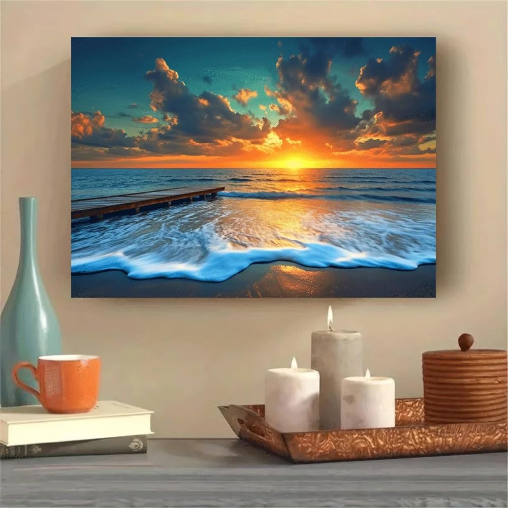 GOSRD Canvas Poster Wall Decoration Sunset Beach Ocean Waves Wooden Dock Sky Clouds Nature Landscape Art Print(70x100CM/Frameless)