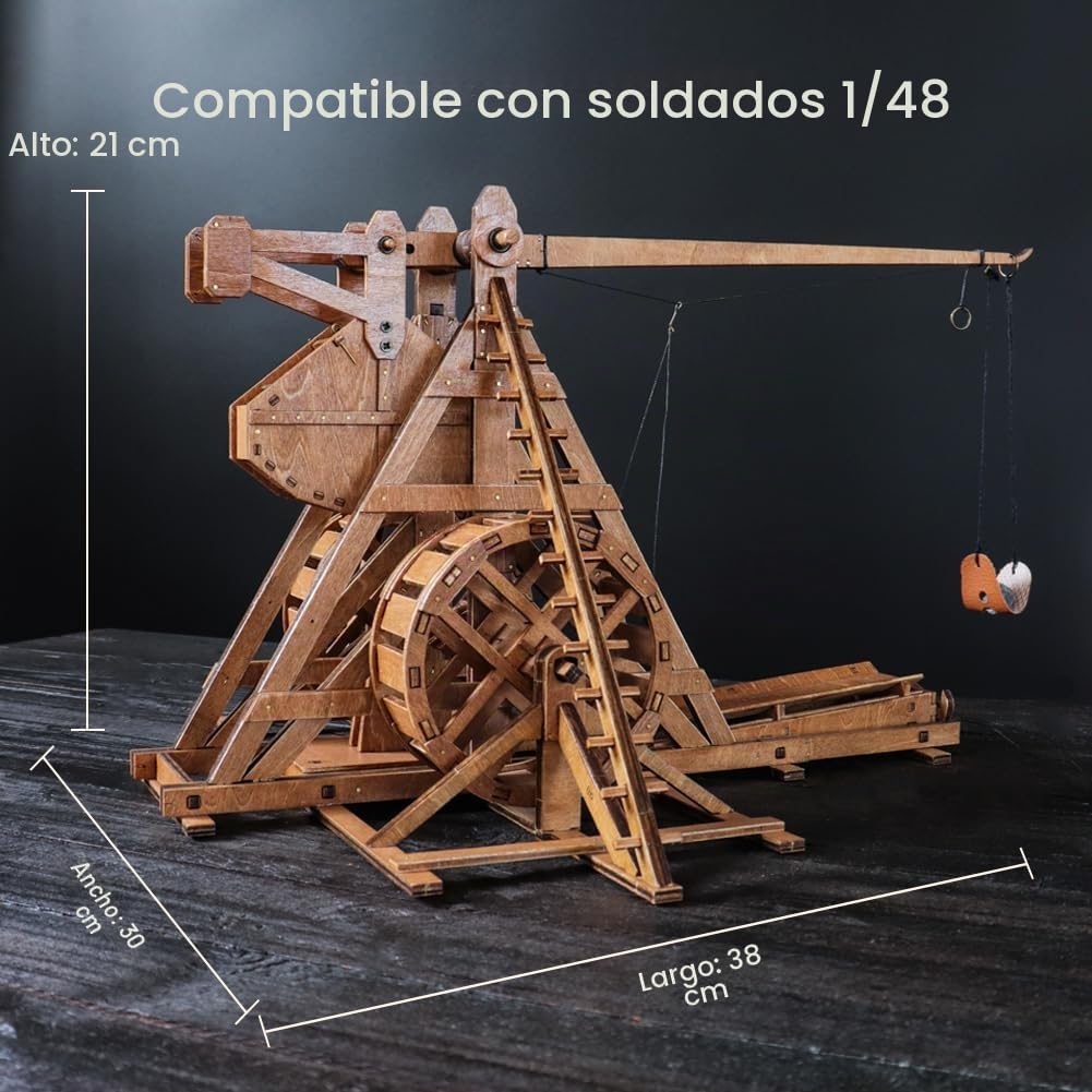 MINI Contrapeso Trebuchet con Rueda Europa Medieval Siege Chariot Armas DIY Rompecabezas de Madera Modelo Kits para Adultos Proyectos STEM Juguetes de Escritorio Regalo para niños/niñas