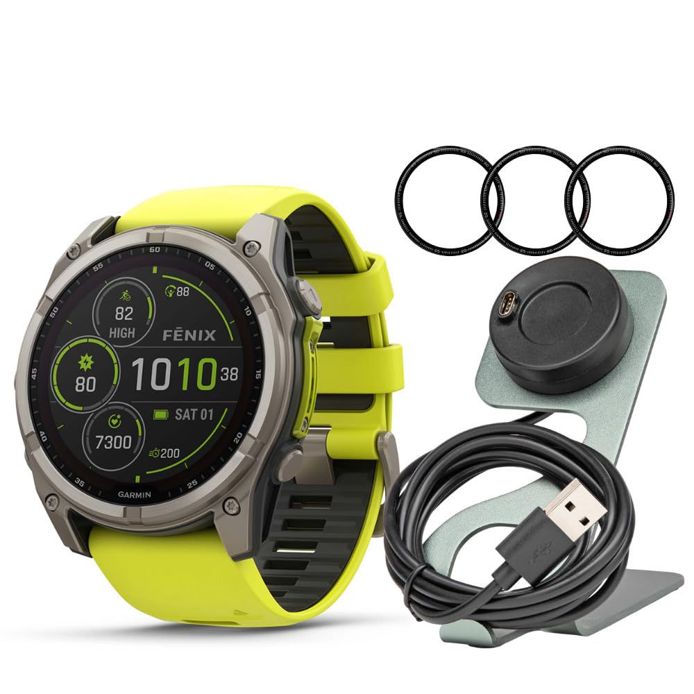 Garmin Fenix 8 Sapphire Solar 51mm Smartwatch Amp Yellow and Graphite Bundle with Portable Charger Stand and Screen