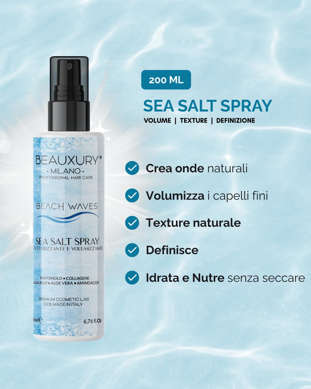 Beauxury Milano Spray Volumizzante Sale Marino 200 ML Idratante e Texturizzante