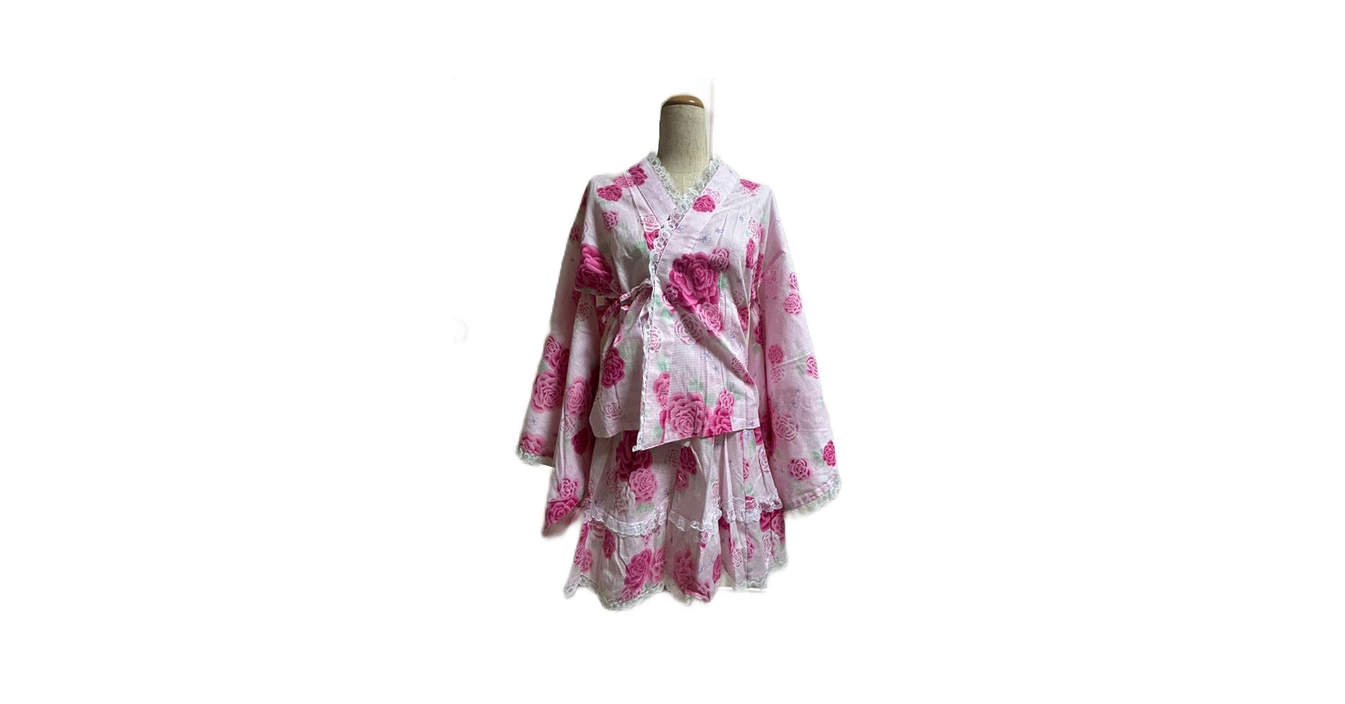 ♡姫系ギャル薔薇柄ピンク浴衣ドレス♡ Y2K 大人用 浴衣ドレス 帯2点セット リボン 薔薇柄 姫ギャル 平成GAL