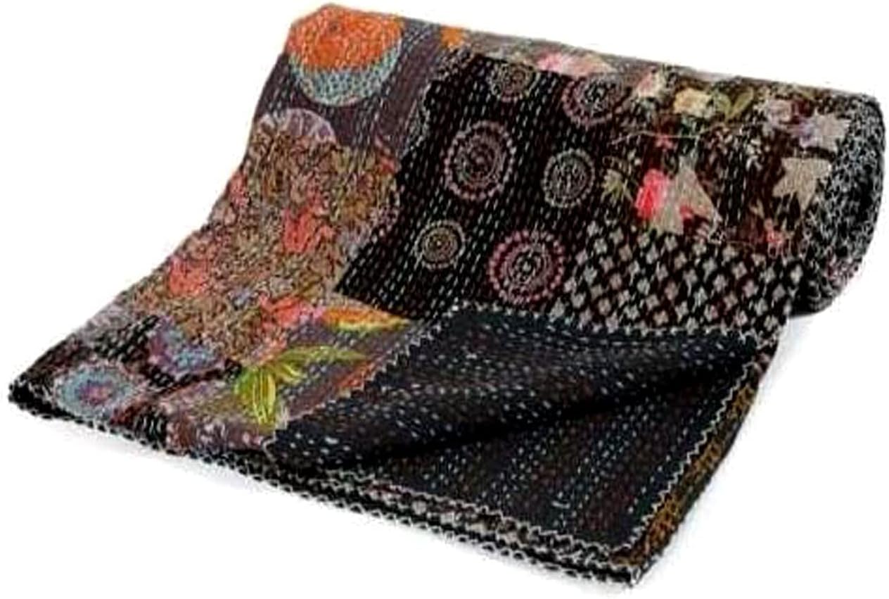 Rajasthaniartdecor Indian Handmade Vintage Silk Sari Patola Ethnic Reversible Blanket Bedspread Throw Stitch Patchwork Kantha Quilt (White, Single 60x90 Inch)