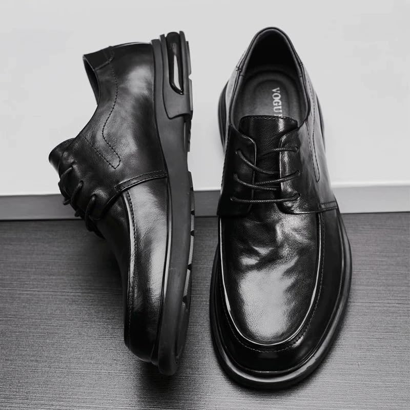 Men's Round Toe Dress Shoes Casual Lace-ups Shoes Lightweight Business Leather Upper Polished Craft Anti Slip Rubber Sole Meticulous Versatile Shoes(7.5)3