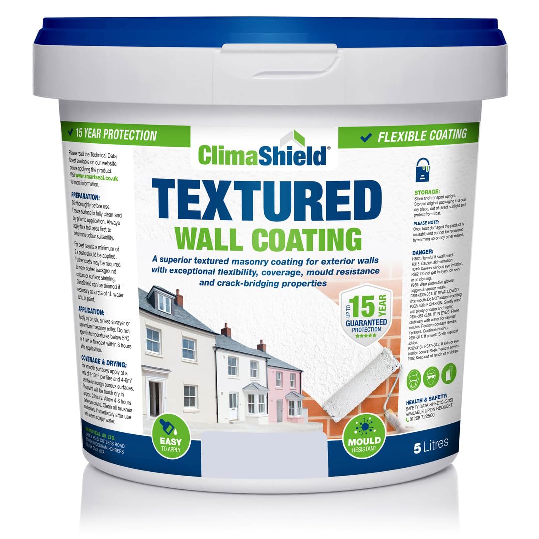 SmartSeal Textured Wall Coating - Waterproof 15yrs+ Breathable & Flexible - 12 Colours - Brick Stone Concrete & Render (Frosted Blue, 5 Litre) — image 1