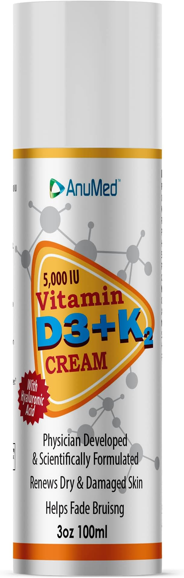 ANUMED - Vitamin D3+K2 with Magnesium 5000 IU Cream. Improved Formula with Hyaluronic Acid + Vitamin E for Healthy Skin. Promotes Stronger Bones, Muscles, Joints, Calcium Absorption, Non-Greasy (3oz)
