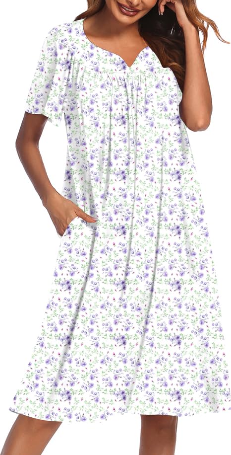 Ekouaer Nightgowns for Women Cotton Nightgown House Dress with Pockets Short Sleeve Mumu Dress Embroidered Lounge Dress