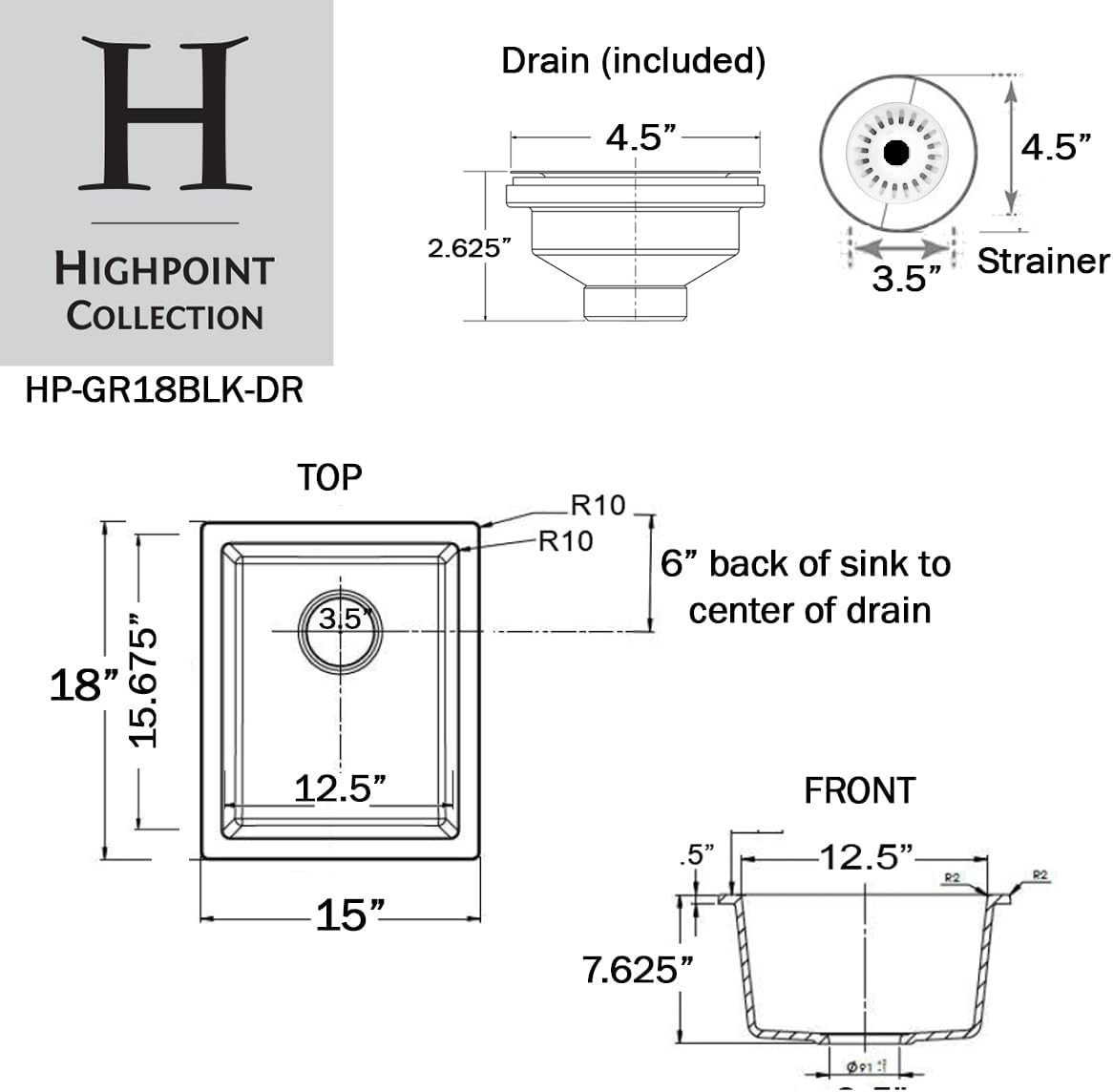 Bar Sink – 18" Small Black Kitchen Sink & Drain Set, Granite Composite Undermount or Drop In Wet Bar Sink, Single Bowl – Easy Clean, Scratch & Heat Resistant HP-GR18BLK-DR