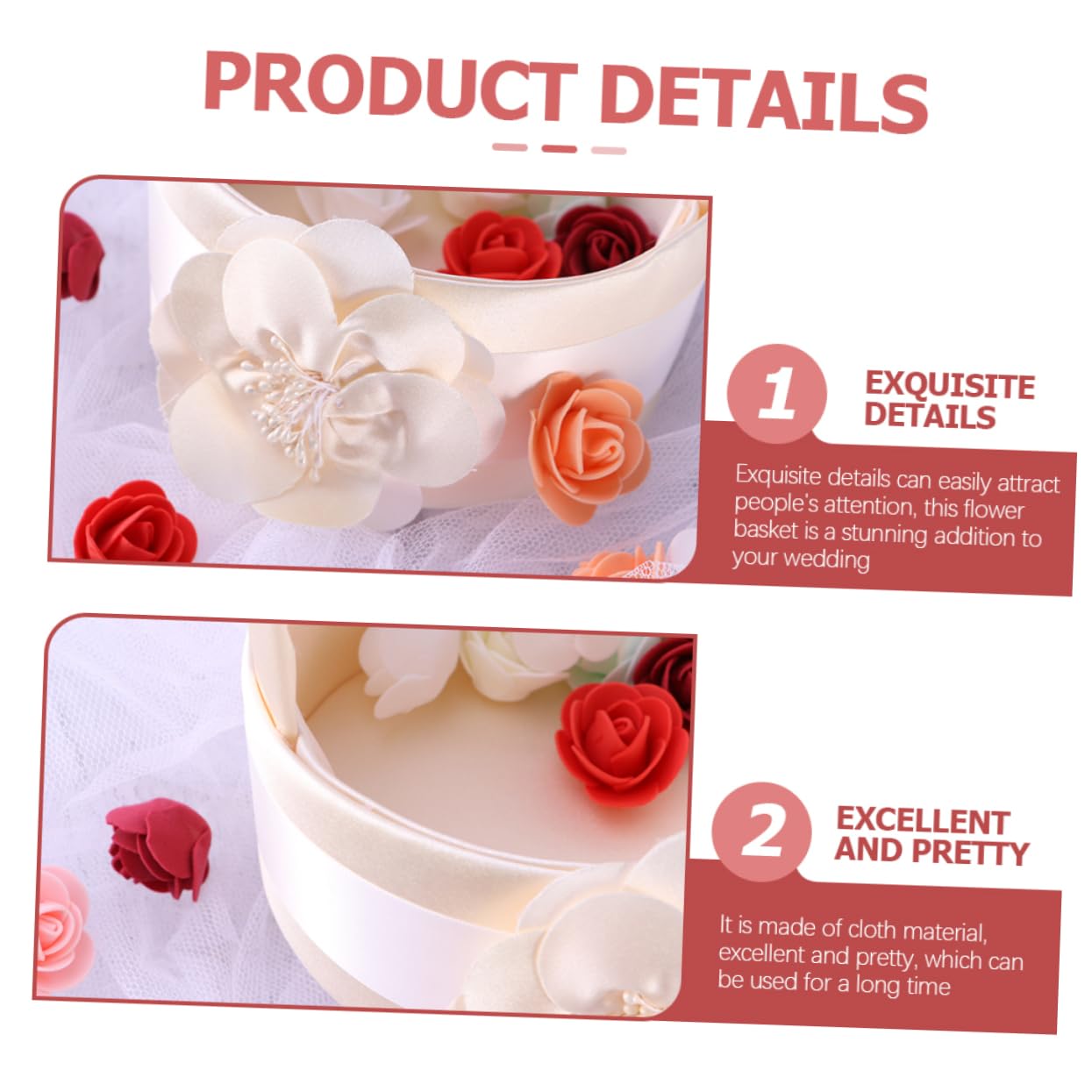 2 Stück-pack Runde Hochzeitskörbchen aus Stoff in Weiß, Handlich | Blumenmädchen, Zartes Satin Design, Passend für Jubiläum und Verlobungsfeier