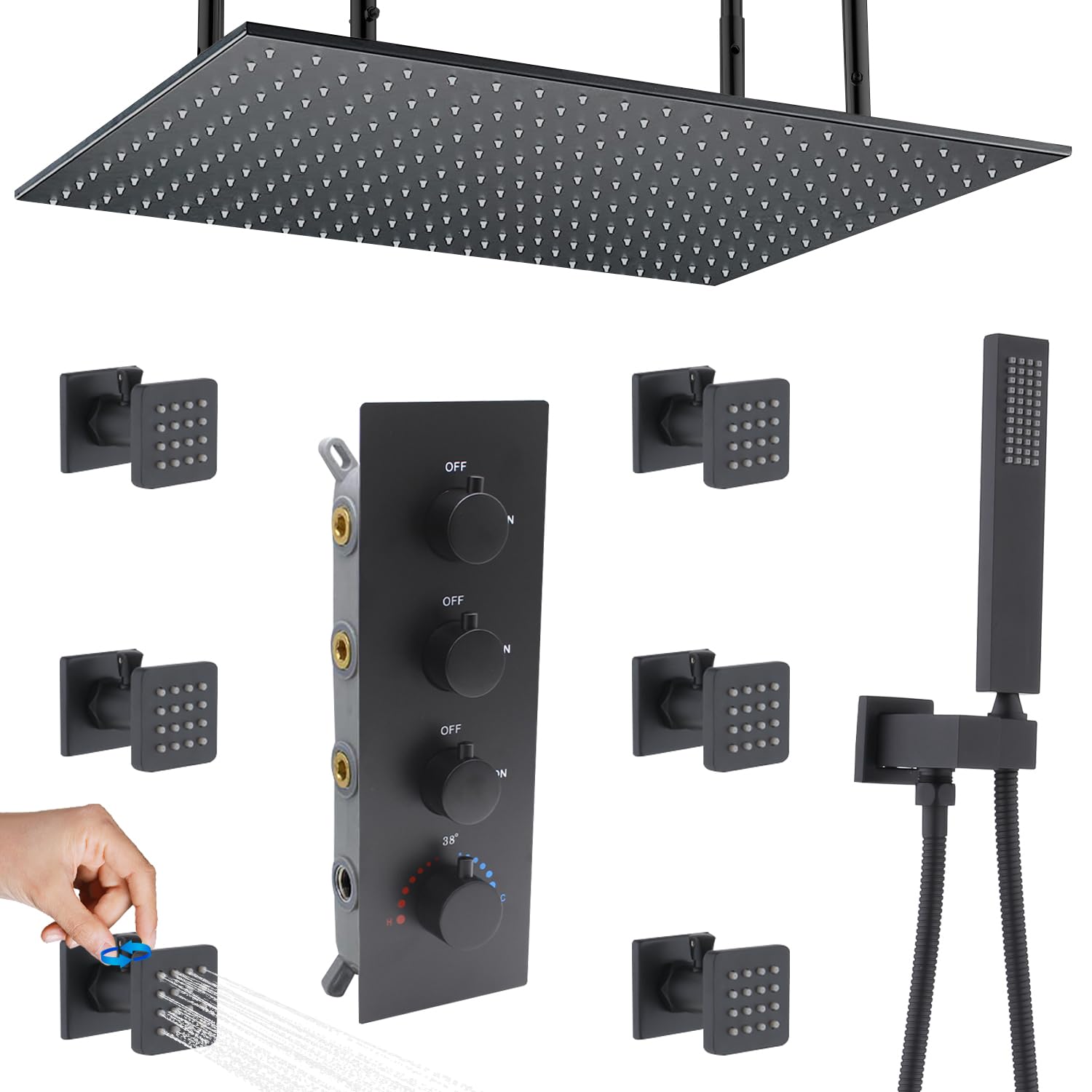 Backnets Matte Black Shower System 16 Inches Ceiling Mount Full Body Shower Faucet Set Brass Thermostatic Massage Shower with On/Off Body Jets and