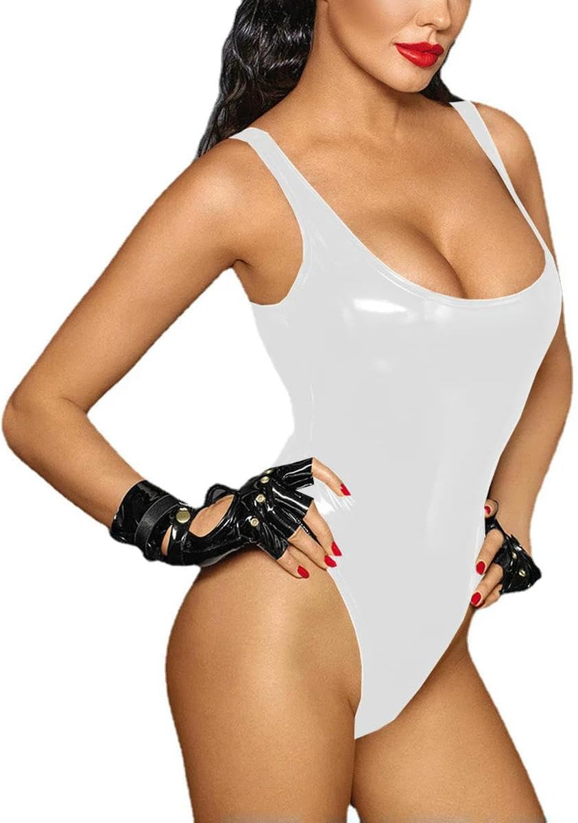 Women One-piece Solid Color Deep U Neck PVC Bodysuit Sleeveless Nightwear customizable