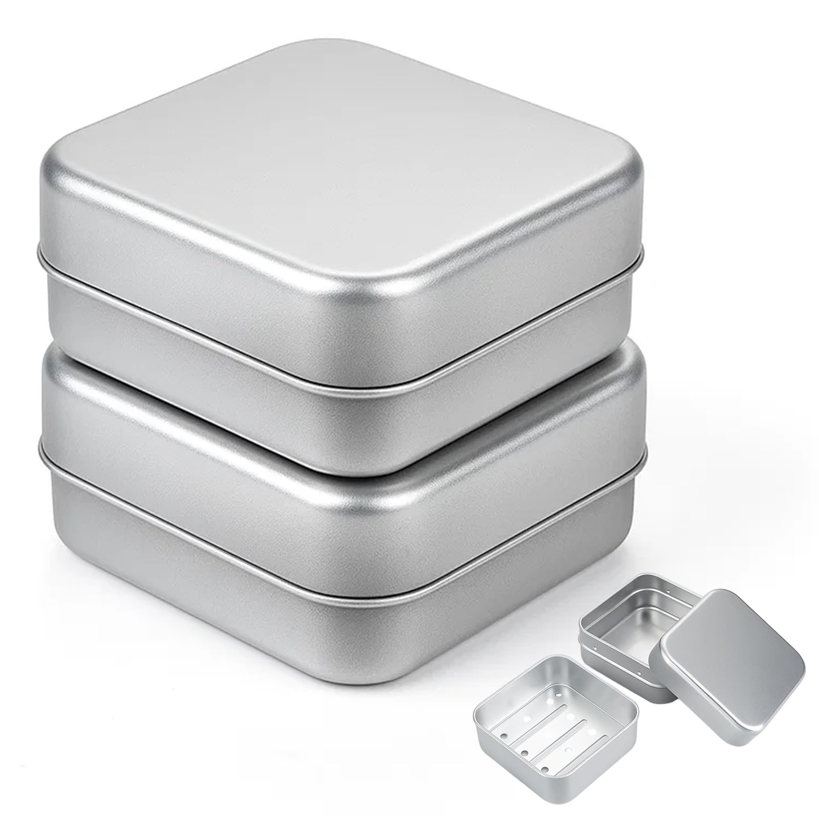 2 Pack Soap Tin, Silver Soap Box Travel Case with Lid, Square Shampoo Bar Container for Bathroom, Kitchen, Suitcase Organizer Storage, Metal Soap Dish Holder