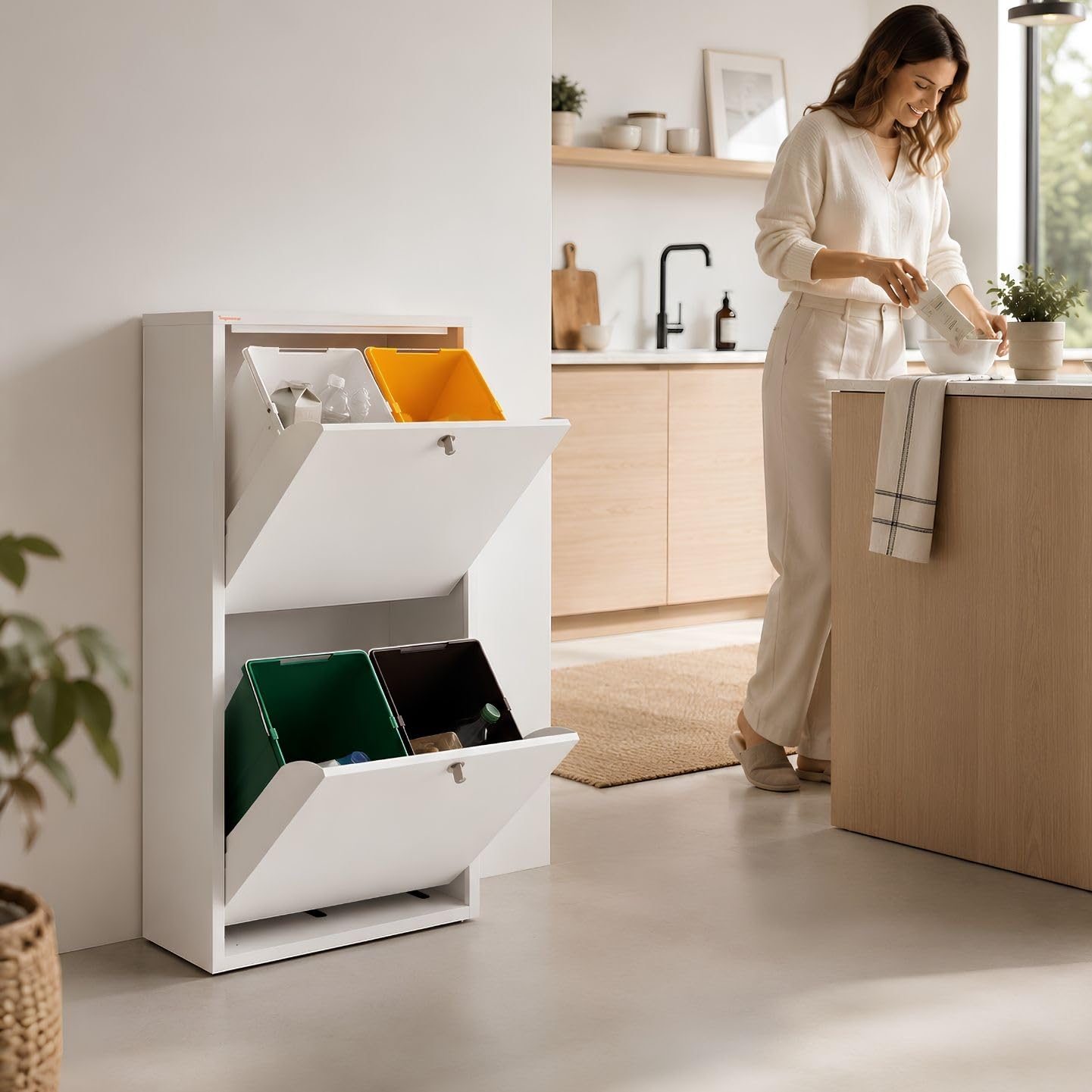 DON HIERRO EMI Cubo de Reciclaje 4 Compartimentos 80 L – Mueble Metálico Blanco de Diseño Moderno y Funcional – Hecho en España – Entrega Montado