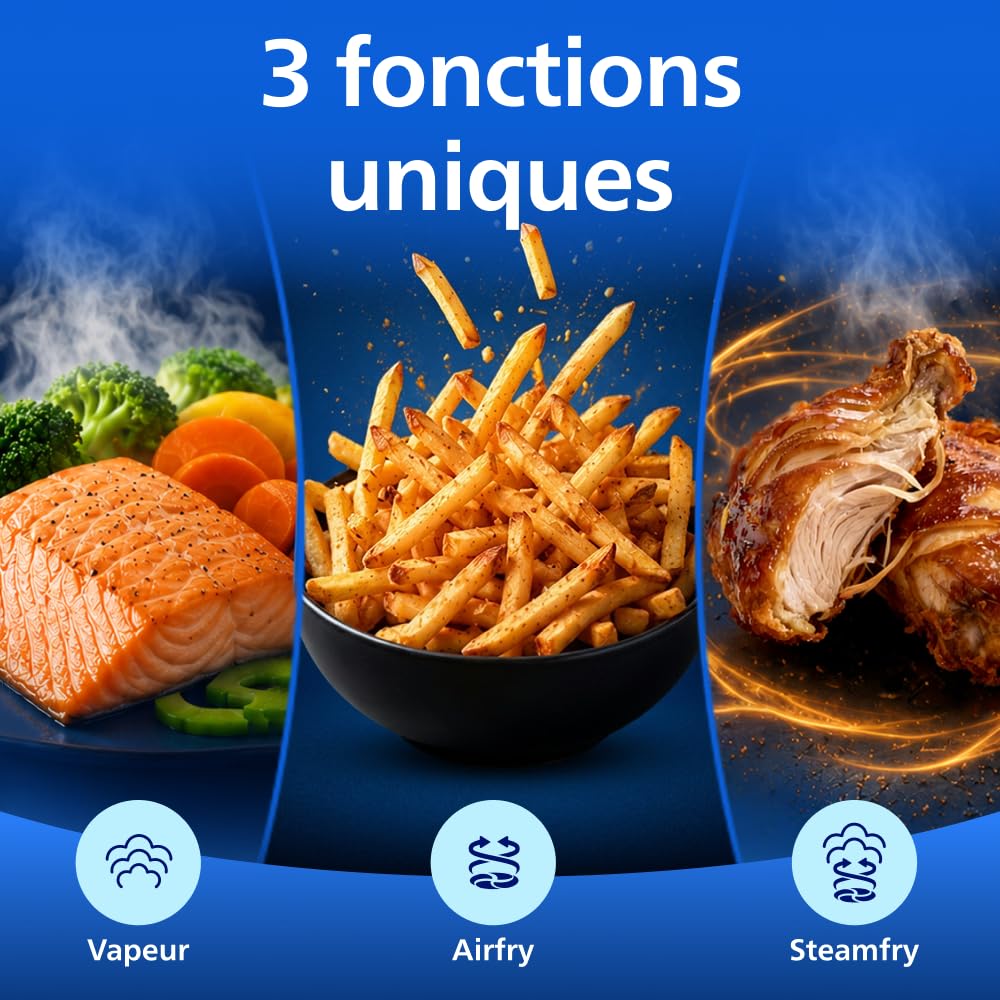 Philips Airfryer Série 5000 - Air Fryer double panier avec cuisson vapeur, 9L, RapidAir, 19 modes de cuisson, jusqu'à 90% de matières grasses en moins, AirSteam, nettoyage vapeur, HomeID (NA550/00)