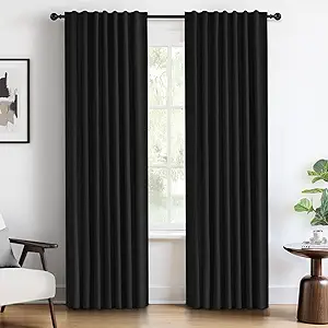 INOVADAY 100% Blackout Curtains 102 Inches Length 2 Panels Set, Back Tab/Rod Pocket Linen Black Out Curtains for Bedroom, Thermal Insulated Window Drapes - Black, W50 X L102