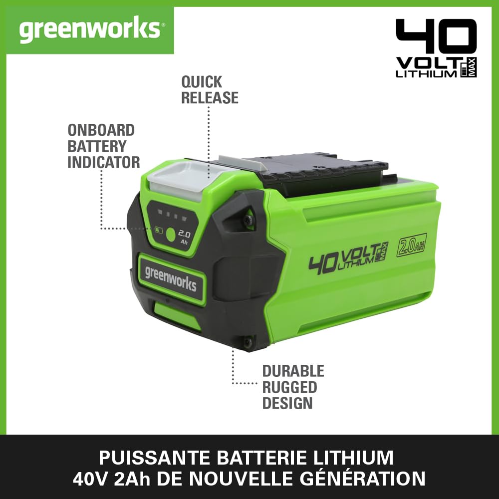 Greenworks Motozappa a batteria G40TL, Li-Ion 40V con 4 lame appositamente temprate profondità di lavoro 20 cm larghezza & Greenworks Batteria G40B2 sistema di ricarica rapida Li-Ion 40V 2Ah
