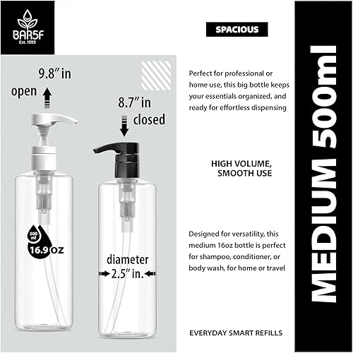 Miniatura 2 de Bar5F Botellas de loción de plástico con bombas en blanco y negro, 16 onzas, a prueba de fugas, cilindro transparente vacío, recargable, sin BPA