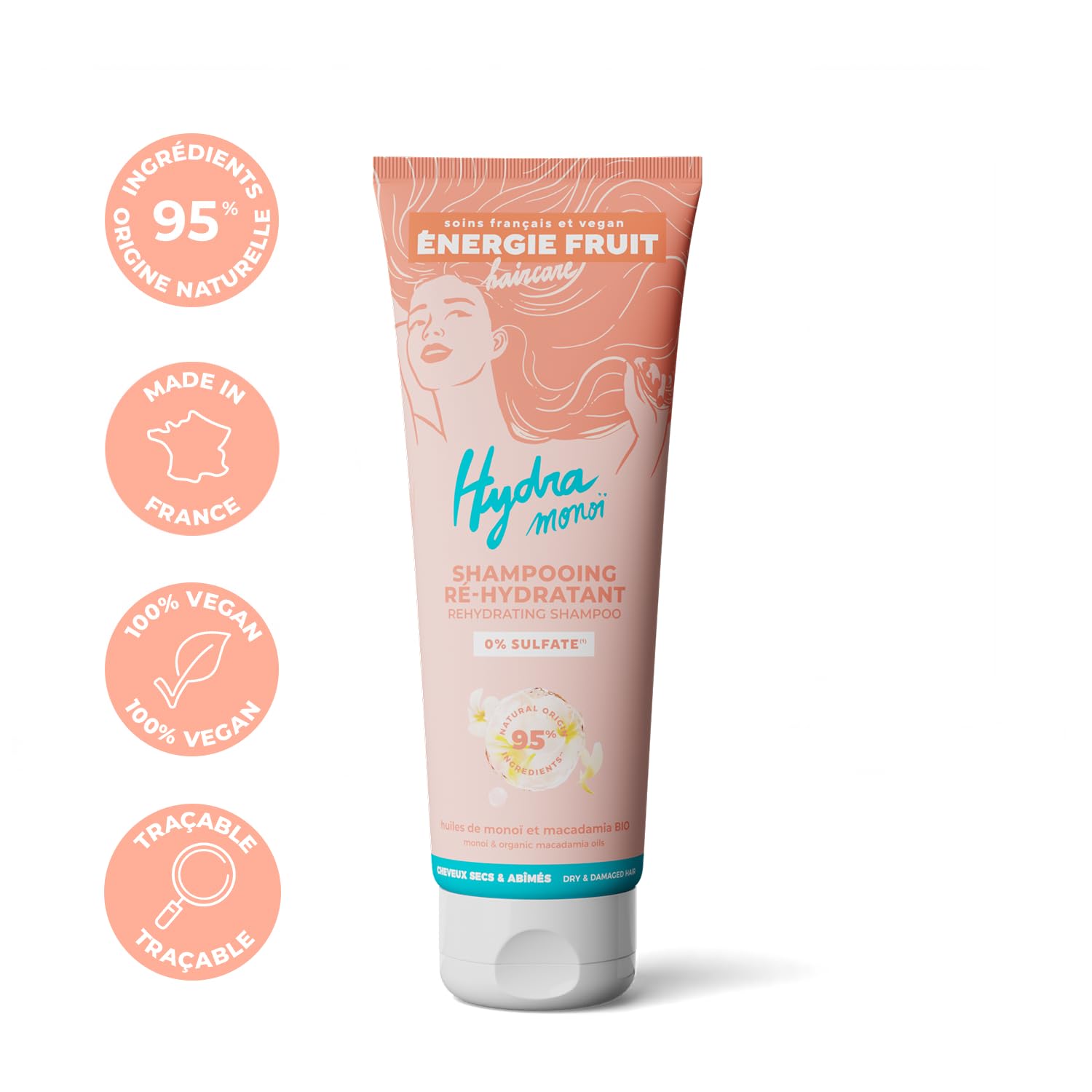 ENERGIE FRUIT | Shampoing sans Sulfate | Monoï & Macadamia BIO | Cheveux Secs Abimés | Vegan | 250 ml