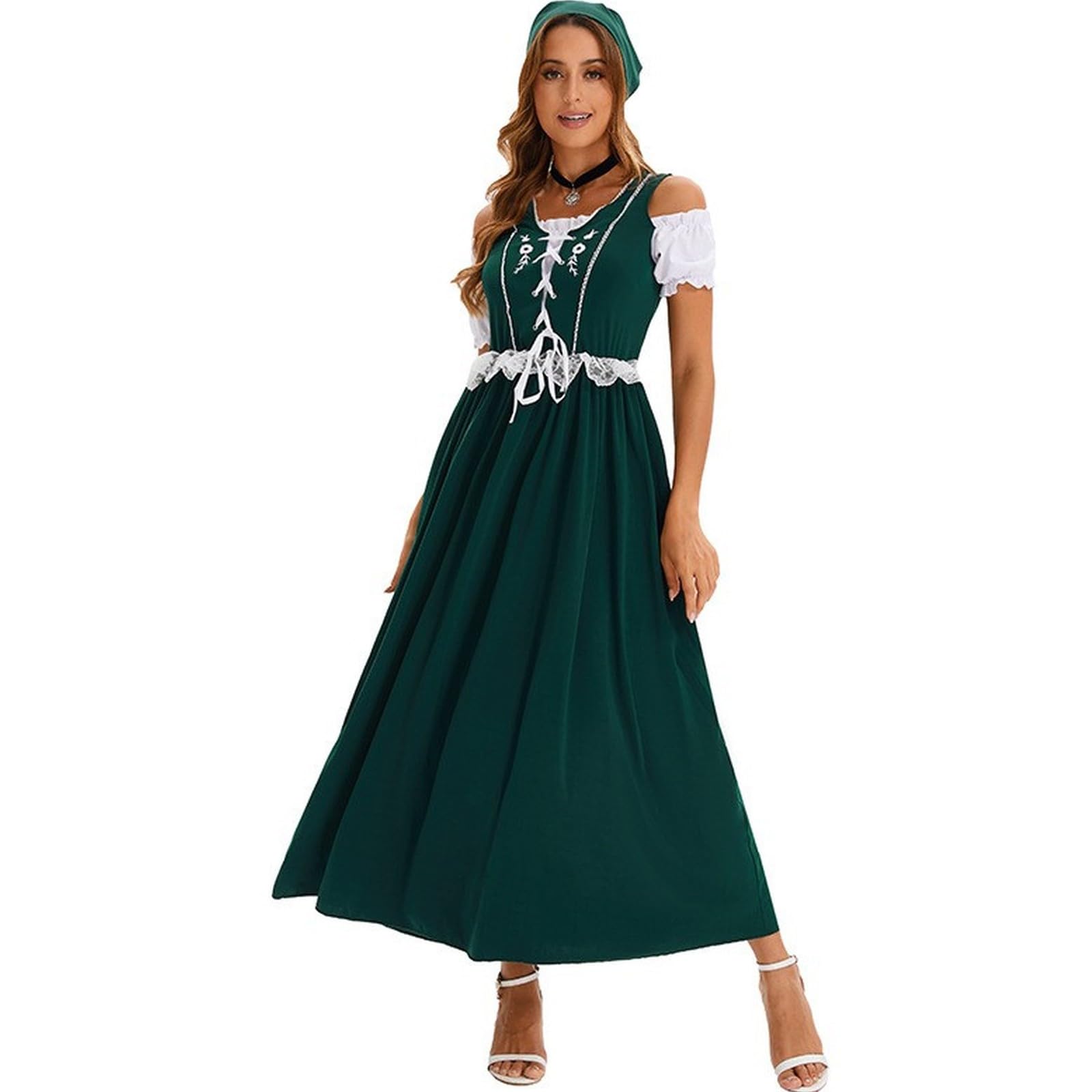 FUPODD Dirndl Rot Damen Lang Oktoberfest Damen Outfit Dirndl-Komplettsets Mit Bluse Trachtenkleid Elegant Ohne Schürze Dirndlkleid Mit Spitze Oktoberfest-Kleidung Inkl. Kopftuch Dirndlkleider Maxi