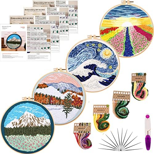 Tcbasrt 4Pack Embroidery Kit for Beginners with Pattern and Instructions, Cross Stitch Kits Include 2 Embroidery Hoop,4 Embroidery Clothes with Plants Flowers Pattern,Color Threads（Multicolor）