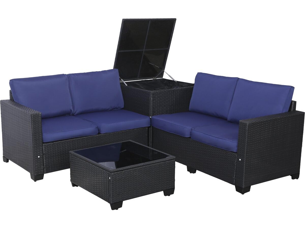 Salon de Jardin en résine tressée avec Coffre de Rangement Riley - 4 Places - Bleu foncé