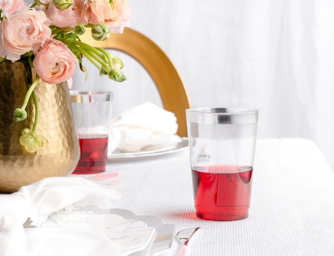 DECORLINE Bicchieri di plastica riutilizzabili Set da 50 pezzi 280 ml | Bicchieri infrangibili, senza BPA | Ideale per cocktail, acqua, vino rosso e vino bianco - Trasparente con bordo Argento