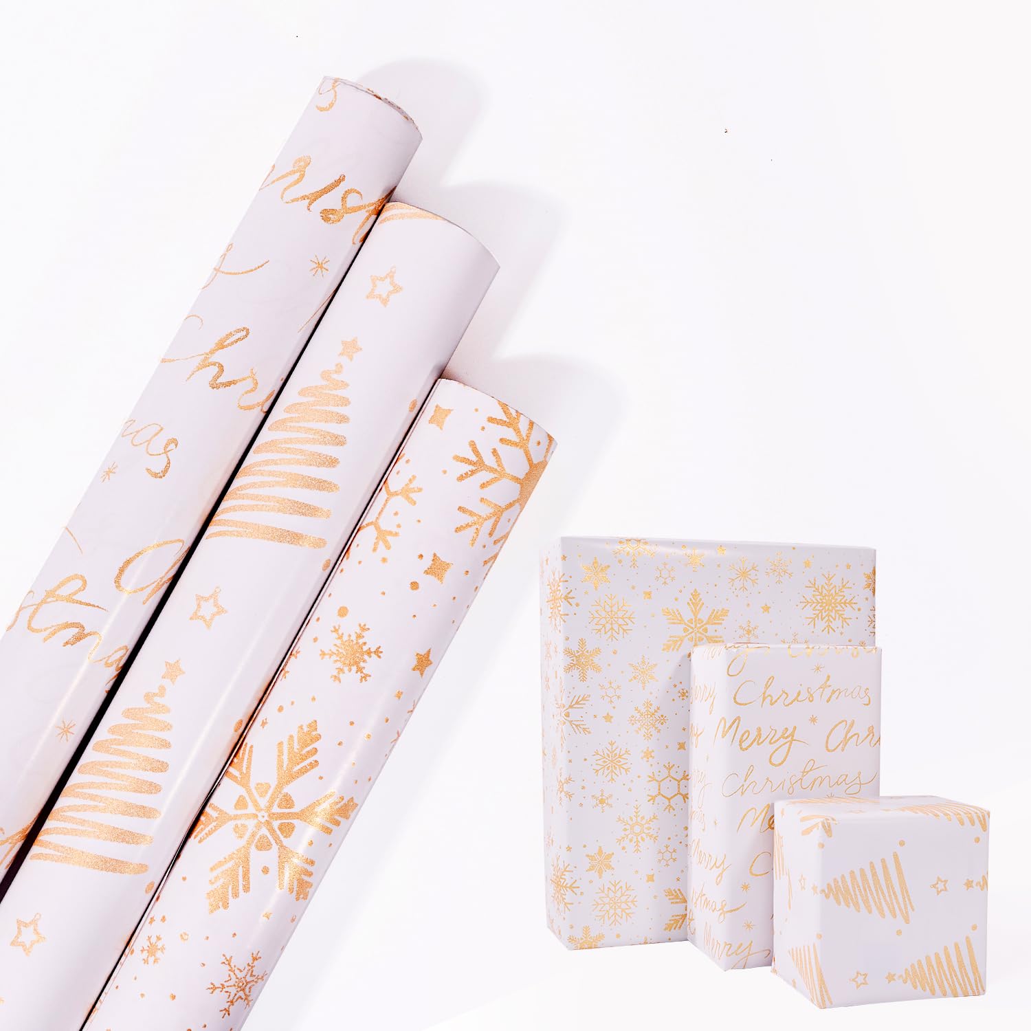 Christmas Wrapping Paper Roll,3 Rolls 43cm x 3m Xmas Gift Wrapping Paper,Metallic Gift Wrap Paper with Snowflake Xmas Tree Pattens for Christmas,Party,Festive Decorations (white gold) — image 1
