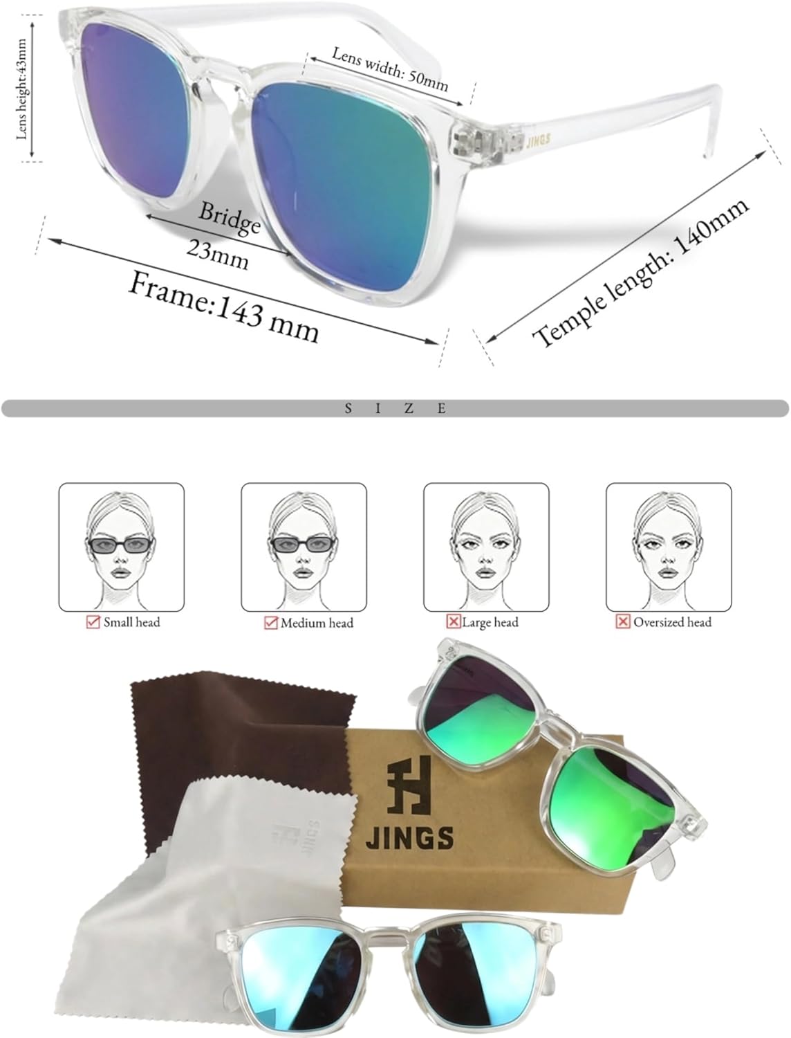 JINGS Polarized Square Sunglasses for Men & Women – Trendy Transparent Crystal Frame with Mirrored Lens, UV400 Protection