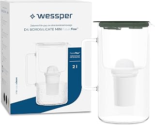 Wessper Jarra Filtrante de Vidrio con cartuchos filtrantes para Agua Potable de 2 l, Jarra filtrada con Contador Inteligente, Kit que Incluye 1 filtro de Carbón Activo- Verde