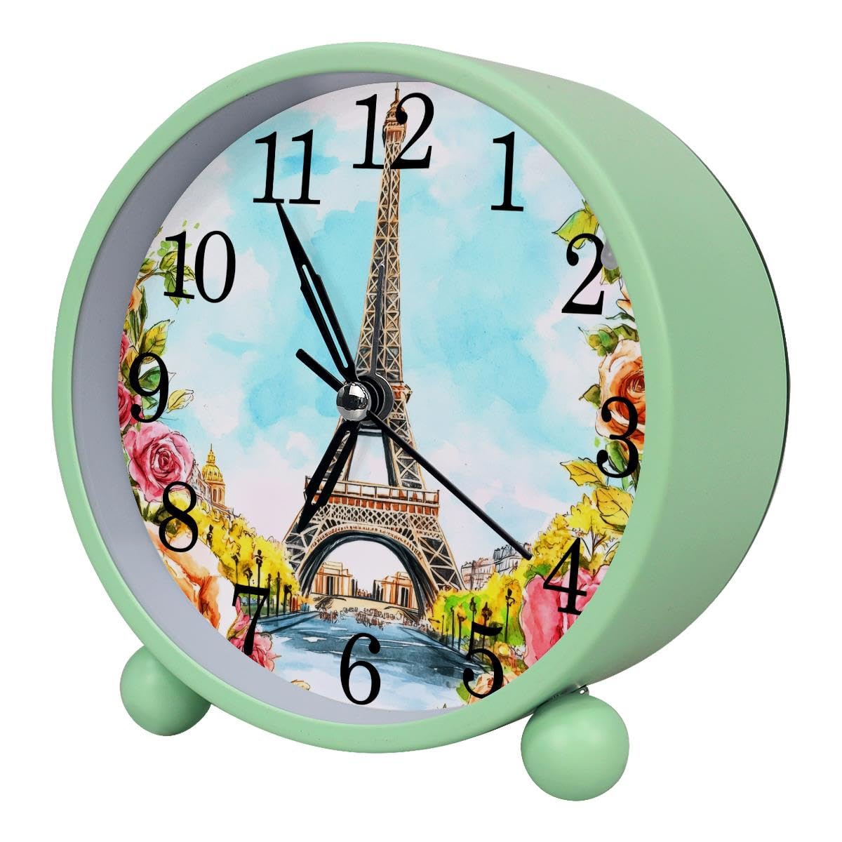 Luoweisi Alarm Clock Paris Eiffel Tower Rose, Silent Non-Ticking with Night Light, Round Metal Alarm Clock for Office, Battery Operated, Bedroom, Elderly, Adults, Children, Student Gifts