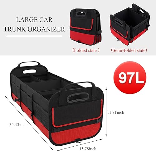 Miniatura 2 de Organizador grande para automóvil, organizador de maletero de almacenamiento elástico de 95 litros con compartimentos divididos, organizador fijo de