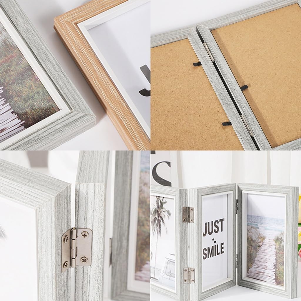 Hinged Photo Frame with 3 Openings, 4x6 Inch High Definition Tri-fold Desk Top Family Picture Collage for Birthday Festival Family Lover Gift, 2 Pieces(Retro Blue)