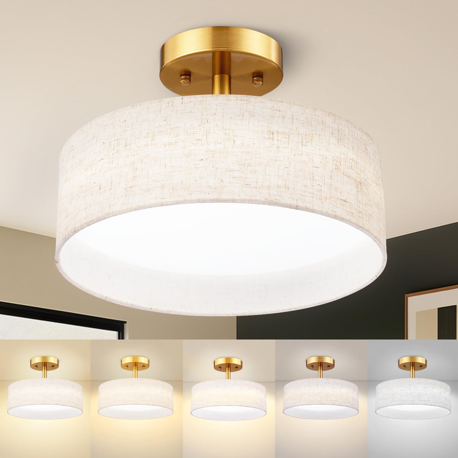 Hamilyeah Gold Semi Flush Mount Ceiling Light Fixture, 24W LED Ceiling Light with Fabric Shade, Modern Drum Light Fixture Ceiling Mount for Bedroom, Kitchen, Bathroom, Living Room, Dining Room Gold&Beige-12INCH-5CCT Semi