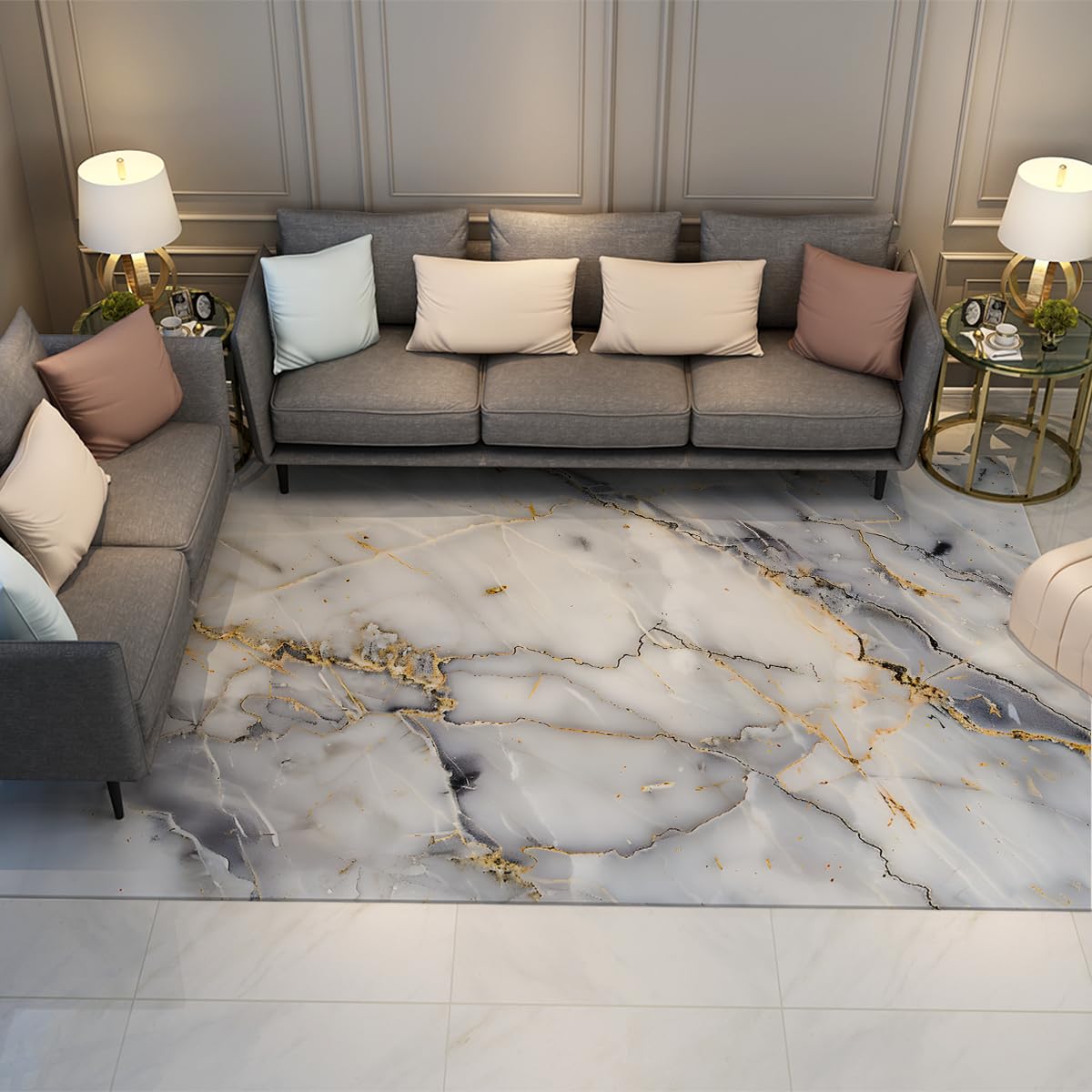 Tapis abstrait marbre blanc et gris 150x210cm doux pour salon chaleureux