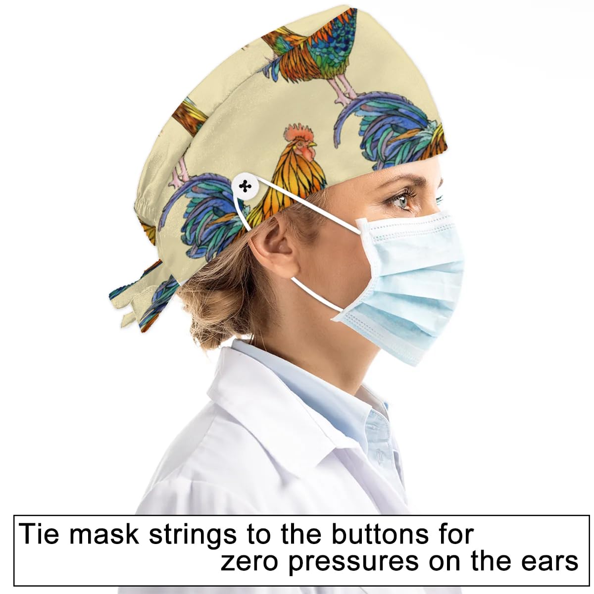 Mularoka Watercolor Roosters Working Caps with Button Sweatband Comfortable Adjustable Bouffant Hats Work Hat for Women Men