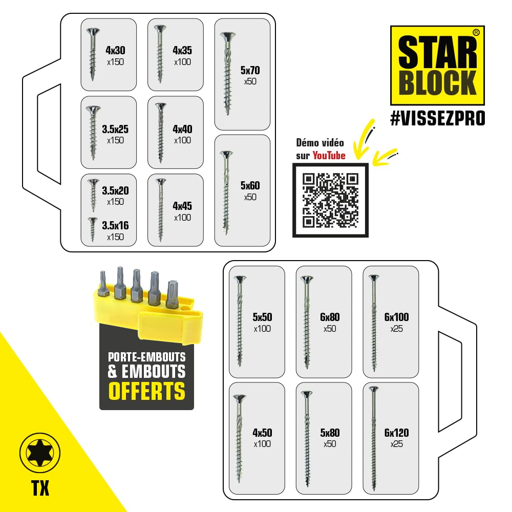 STARBLOCK Coffret vis Bois/Agglo, 1 350 pièces, Tête fraisée, 15 dimensions, Empreinte Torx, Pointe entaillée, Acier zingué