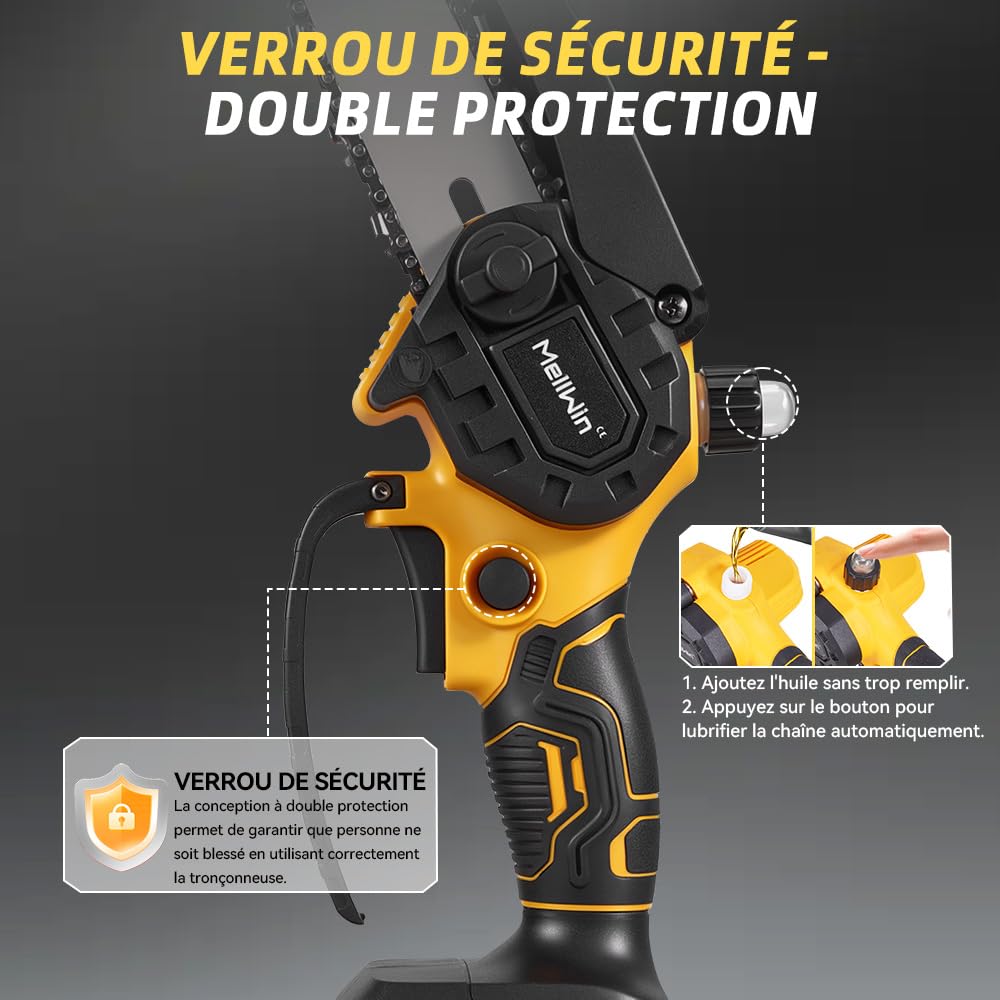 Mini motosega a batteria da 6 pollici con motore in rame puro da 1500 W e 2 batterie incluse – Sega da potatura a batteria, 6 m/s, 4000 giri/min, per giardino, legno e taglio di rami