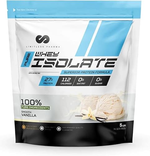 Limitless Pharma Pure Whey Aislado 0.95 oz de proteína por porción 74 porciones por envase 80.07 oz 5 libras (vainilla suave)