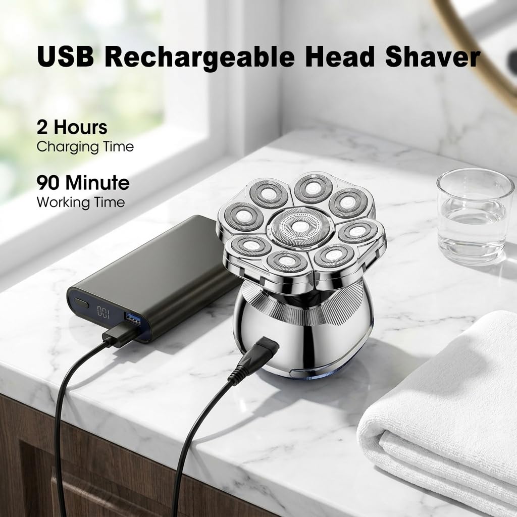 Elektrischer Rasierer Kopfrasierer für Glatze Herren: 9D 6-in-1 | Rotierend, wasserdicht, USB aufladbar, LED-Display, Trimmer & Set