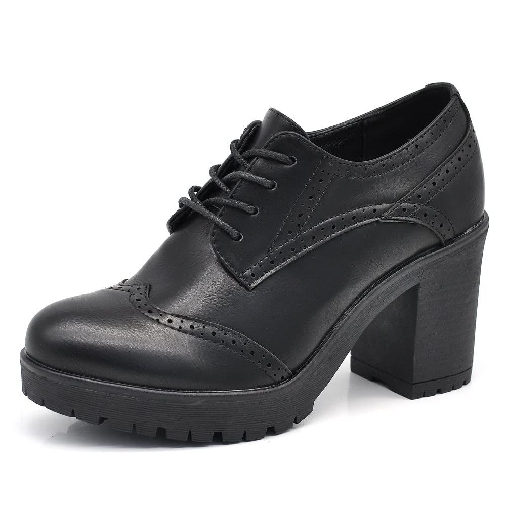 IF Fashion Chaussures Femmes Lacets Francis Broderie Talon Grosse Cuir Synthétique IF146, If 146 Noir