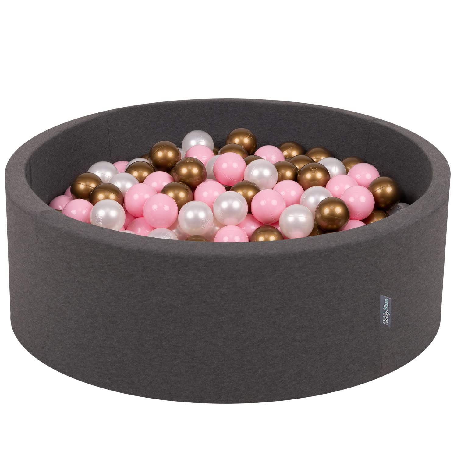 KiddyMoon 90X30cm/300 Balls ∅ 7Cm / 2.75In Baby Foam Ball Pit Made In EU, Dark Grey:Powder Pink/Pearl/Gold — image 1