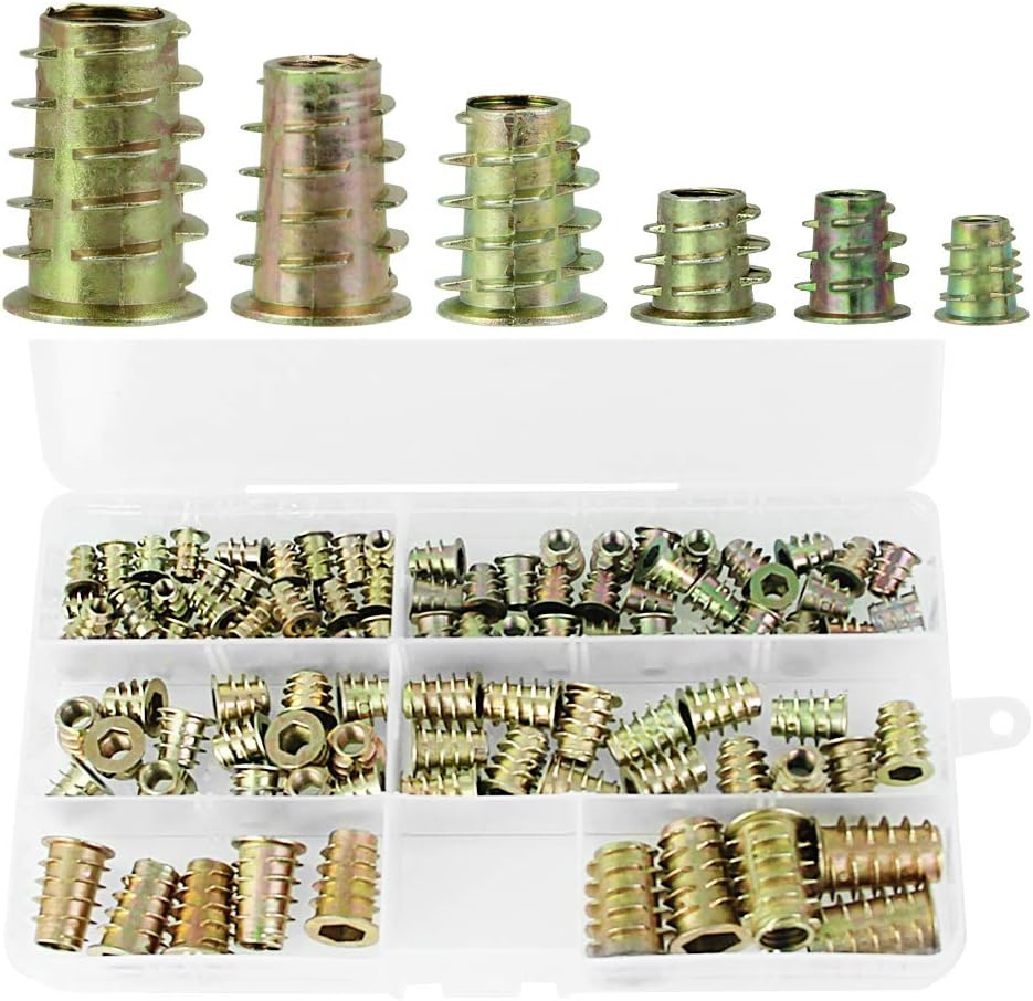 DECARETA Hex Socket Screw 100 Pieces Insert nutsM4/ M5/ M6/ M8/ M10 Zinc Alloy Furniture Inserts Threaded Assortment Tool Kit for Wood Furniture