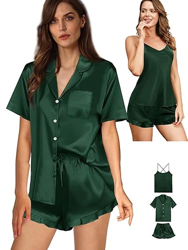 Womens 3Pcs Satin Pajamas Set Ruffle Silk Pajama Sets XS-4XL
