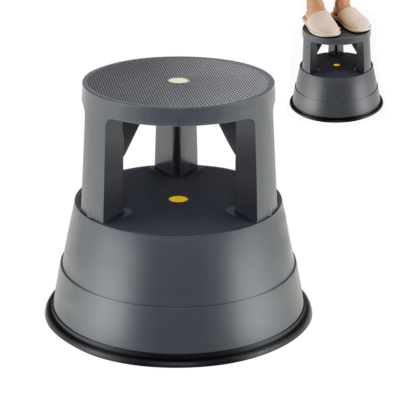 TANGZON Rolling Step Stool, 150kg Kick Stool with Non-Slip Rubber Tread, Retractable Swivel Wheels & Rubber Base Ring, Lightweight Mobile Step Stool for Home Office Garage Shop