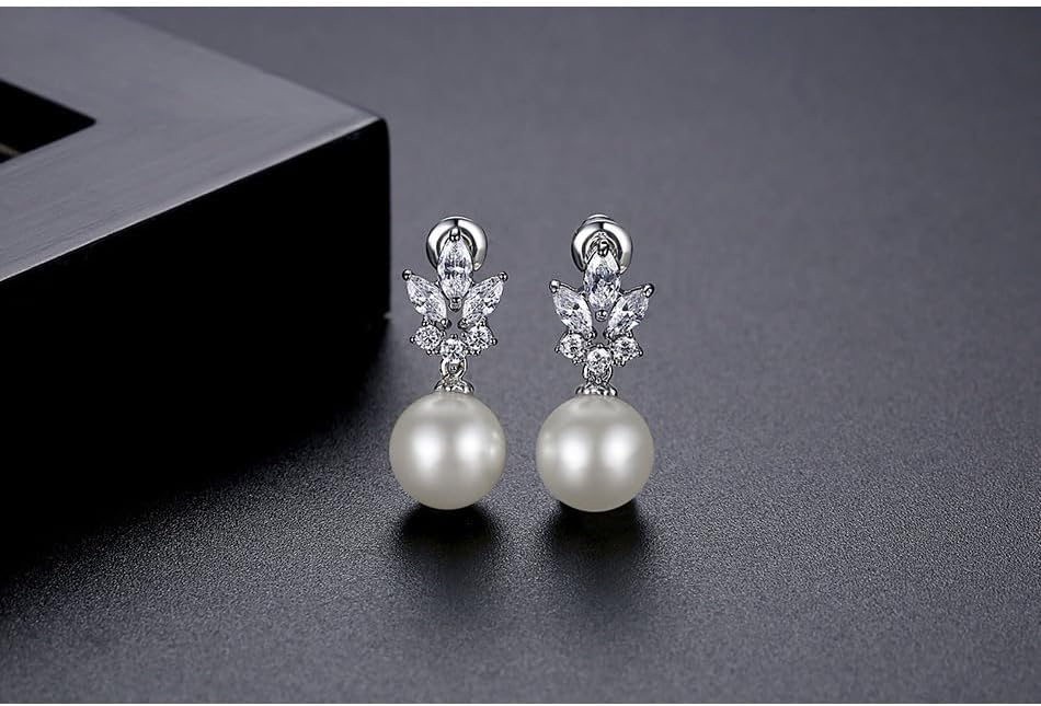 Cubic Zirconia Pearl Dangle Earrings for Women, Wedding Bridal Earrings for Bridesmaids Brides Trendy Jewelry - Image 5