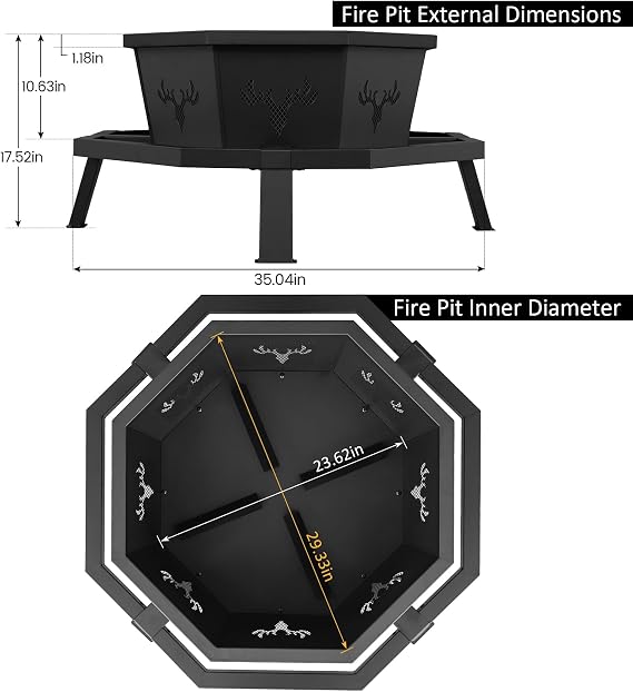 BOINN 35 Inch Octagonal Outdoor Fire Pit, Fire Pits for Outside Wood Burning Fire Pit, Firepit, Firepits for Outside, Camping, Backyard, Patio, Bonfire, Garden, Porch, Black