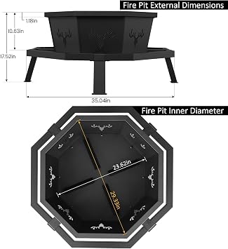BOINN 35 Inch Octagonal Outdoor Fire Pit, Fire Pits for Outside Wood Burning Fire Pit, Firepit, Firepits for Outside, Camping, Backyard, Patio, Bonfire, Garden, Porch, Black